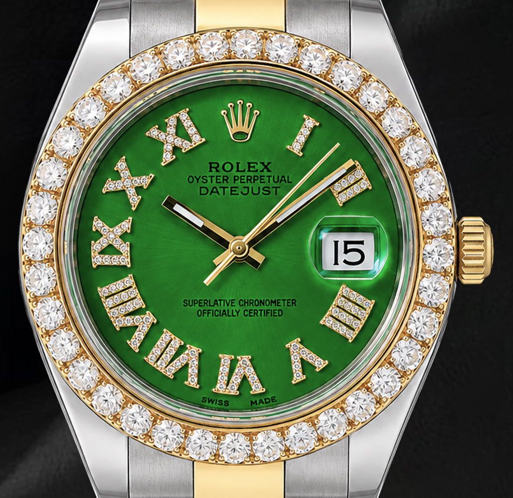 Rolex Datejust II 41 mm 116333 Bicolor-Uhr mit grünem Diamantzifferblatt und römischen Ziffern