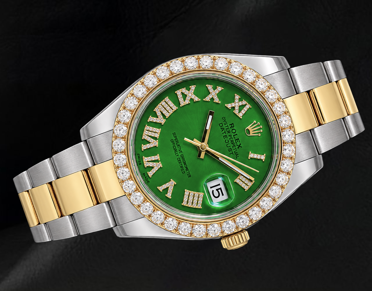 Rolex Datejust II 41 mm 116333 Bicolor-Uhr mit grünem Diamantzifferblatt und römischen Ziffern