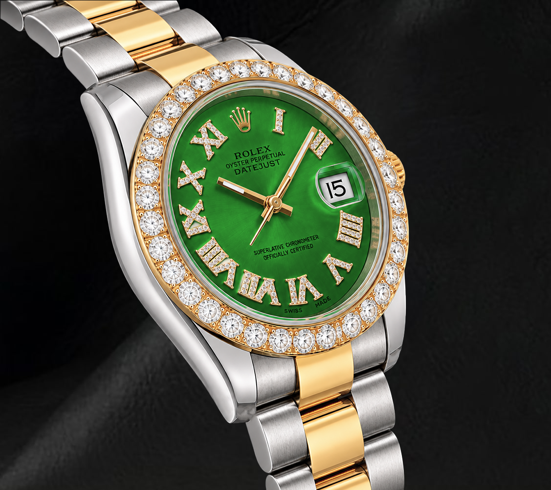 Rolex Datejust II 41 mm 116333 Bicolor-Uhr mit grünem Diamantzifferblatt und römischen Ziffern