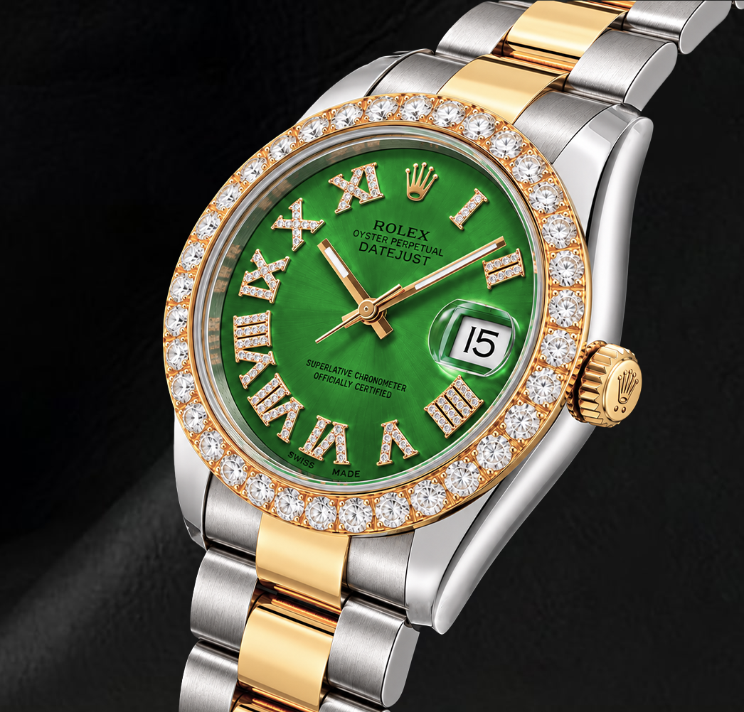Rolex Datejust II 41 mm 116333 Bicolor-Uhr mit grünem Diamantzifferblatt und römischen Ziffern