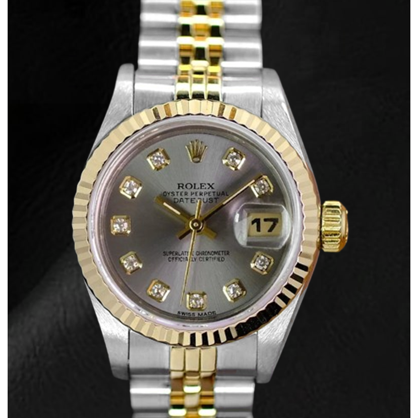 Rolex Datejust, Jahr 2001, graues Diamant-Zifferblatt, 26 mm, zweifarbige Damenuhr