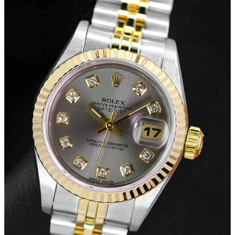 Rolex Datejust, Jahr 2001, graues Diamant-Zifferblatt, 26 mm, zweifarbige Damenuhr