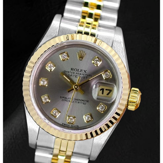 Rolex Datejust, Jahr 2001, graues Diamant-Zifferblatt, 26 mm, zweifarbige Damenuhr