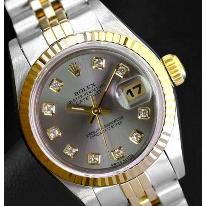 Rolex Datejust, Jahr 2001, graues Diamant-Zifferblatt, 26 mm, zweifarbige Damenuhr