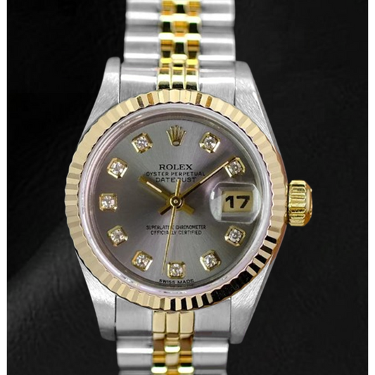 Rolex Datejust, Jahr 2001, graues Diamant-Zifferblatt, 26 mm, zweifarbige Damenuhr