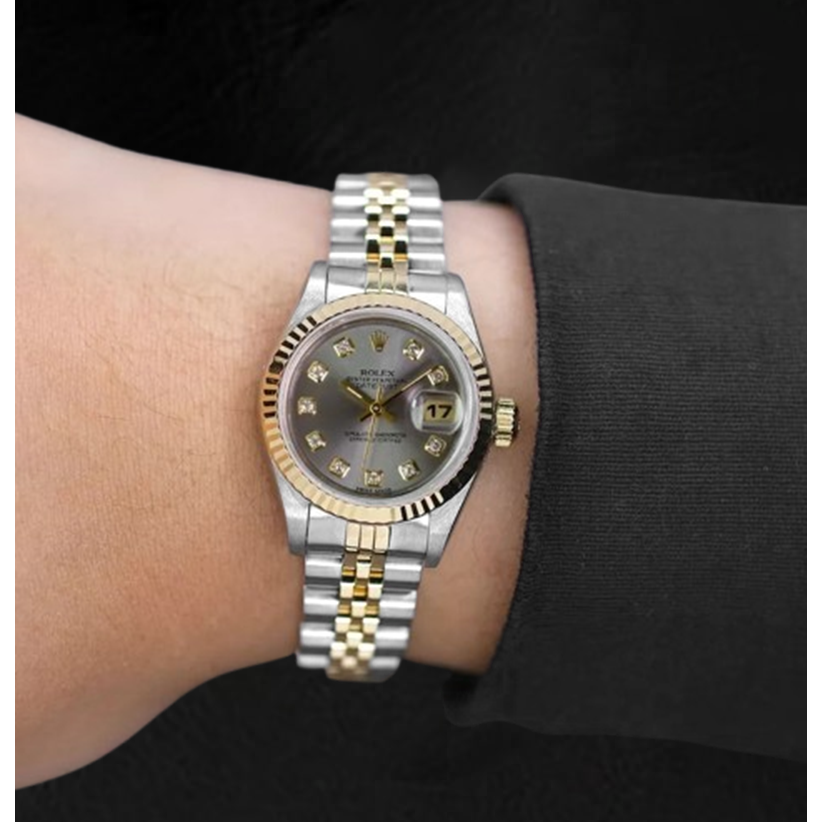Rolex Datejust, Jahr 2001, graues Diamant-Zifferblatt, 26 mm, zweifarbige Damenuhr