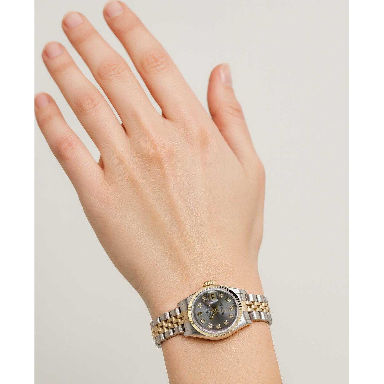 Rolex Datejust, Jahr 2001, graues Diamant-Zifferblatt, 26 mm, zweifarbige Damenuhr P1