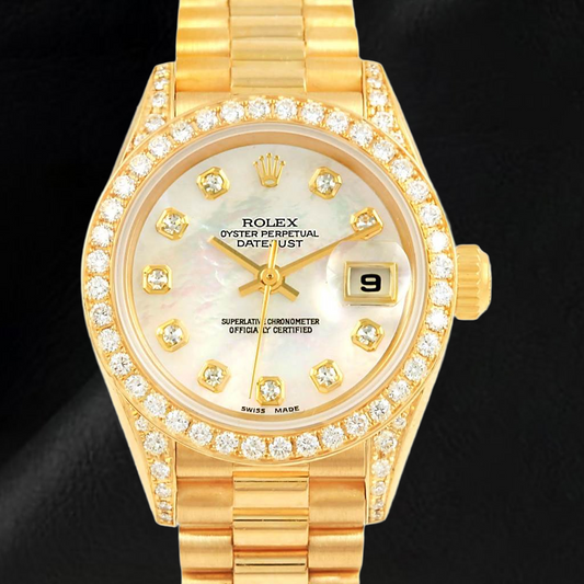 Rolex Datejust Jahr 2003 Weißes Perlmutt-Diamant-Zifferblatt 26 mm Gelbgold Damenuhr