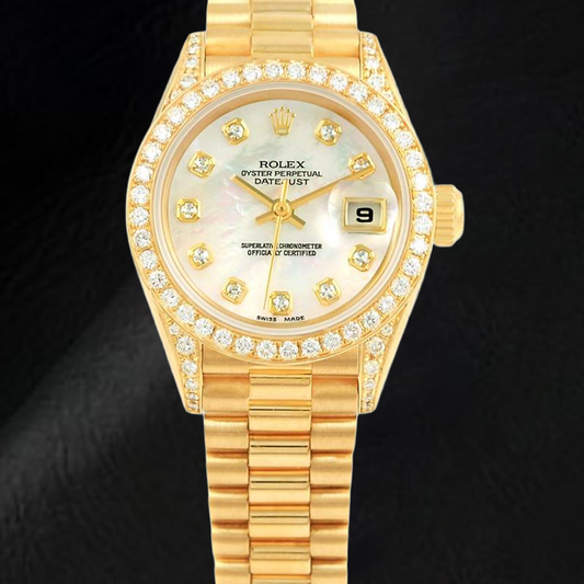 Rolex Datejust Jahr 2003 Weißes Perlmutt-Diamant-Zifferblatt 26 mm Gelbgold Damenuhr