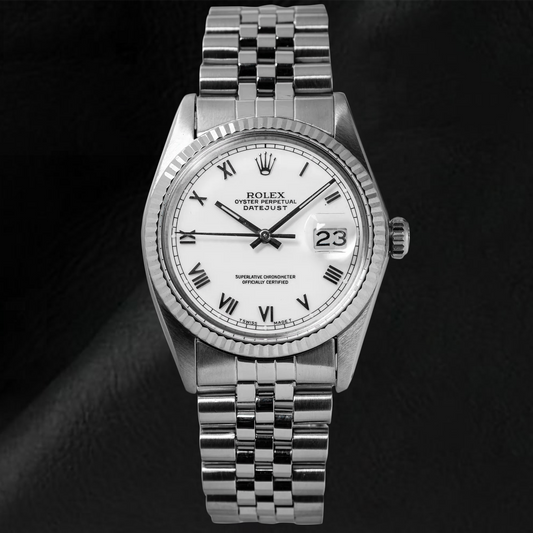 Rolex Datejust Midsize-Uhr, weißes römisches Zifferblatt aus Edelstahl