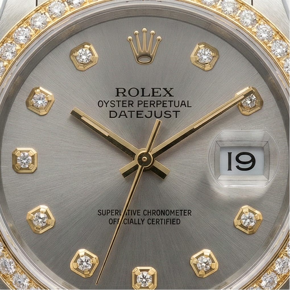 Rolex Datejust Mittelgroß 31 mm weißes Perlmutt-Diamant-Zifferblatt, Diamant-Lünette, Jubiläumsarmbanduhr, Edelstahl und Golden