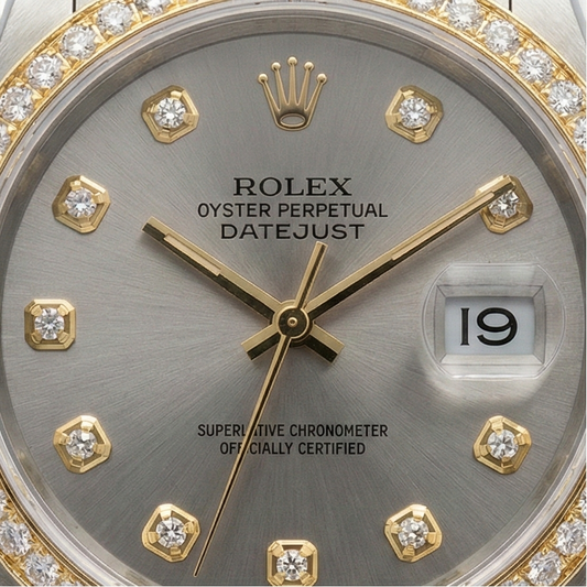 Rolex Datejust Mittelgroß 31 mm weißes Perlmutt-Diamant-Zifferblatt, Diamant-Lünette, Jubiläumsarmbanduhr, Edelstahl und Golden
