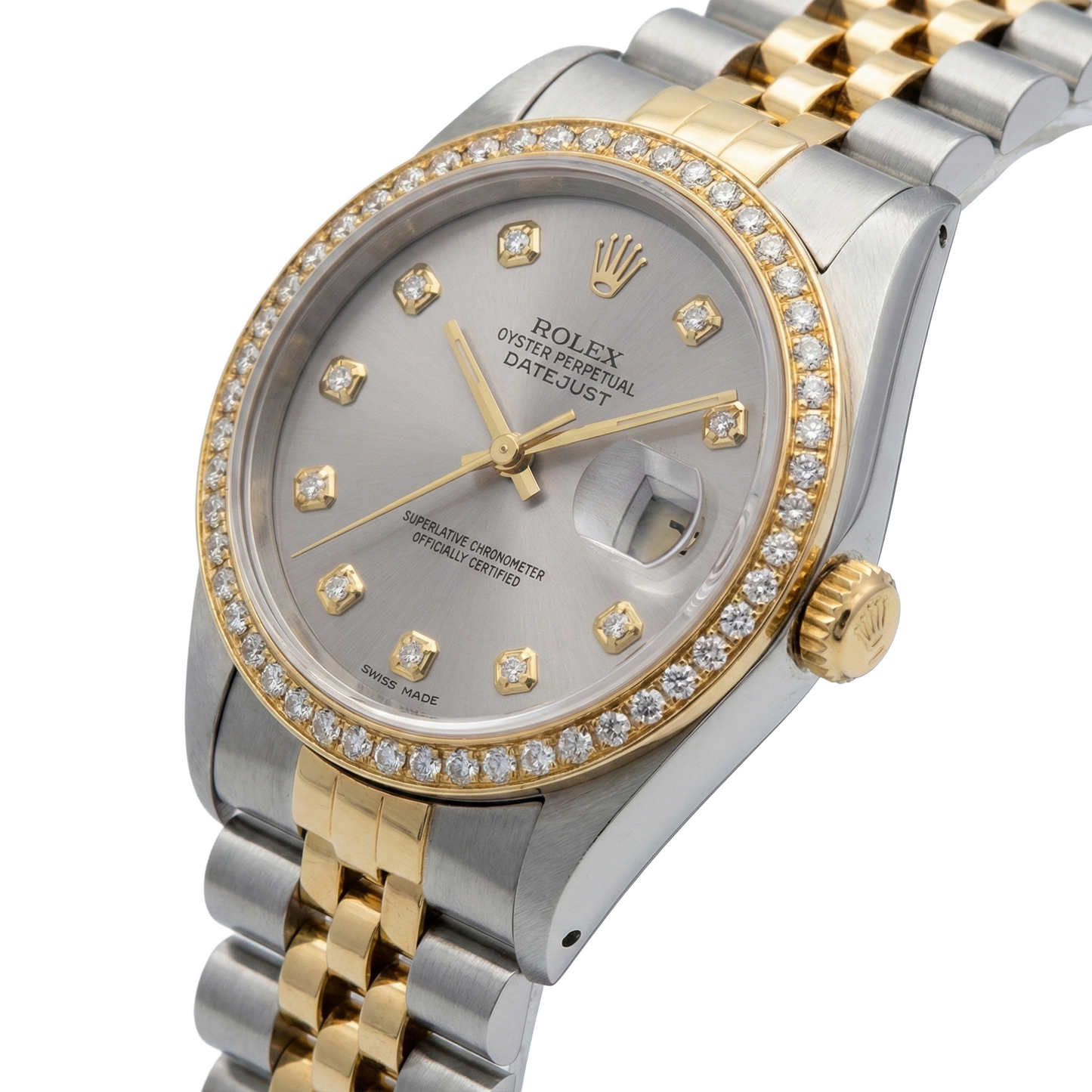 Rolex Datejust Mittelgroß 31 mm weißes Perlmutt-Diamant-Zifferblatt, Diamant-Lünette, Jubiläumsarmbanduhr, Edelstahl und Golden