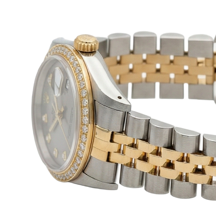 Rolex Datejust Mittelgroß 31 mm weißes Perlmutt-Diamant-Zifferblatt, Diamant-Lünette, Jubiläumsarmbanduhr, Edelstahl und Golden
