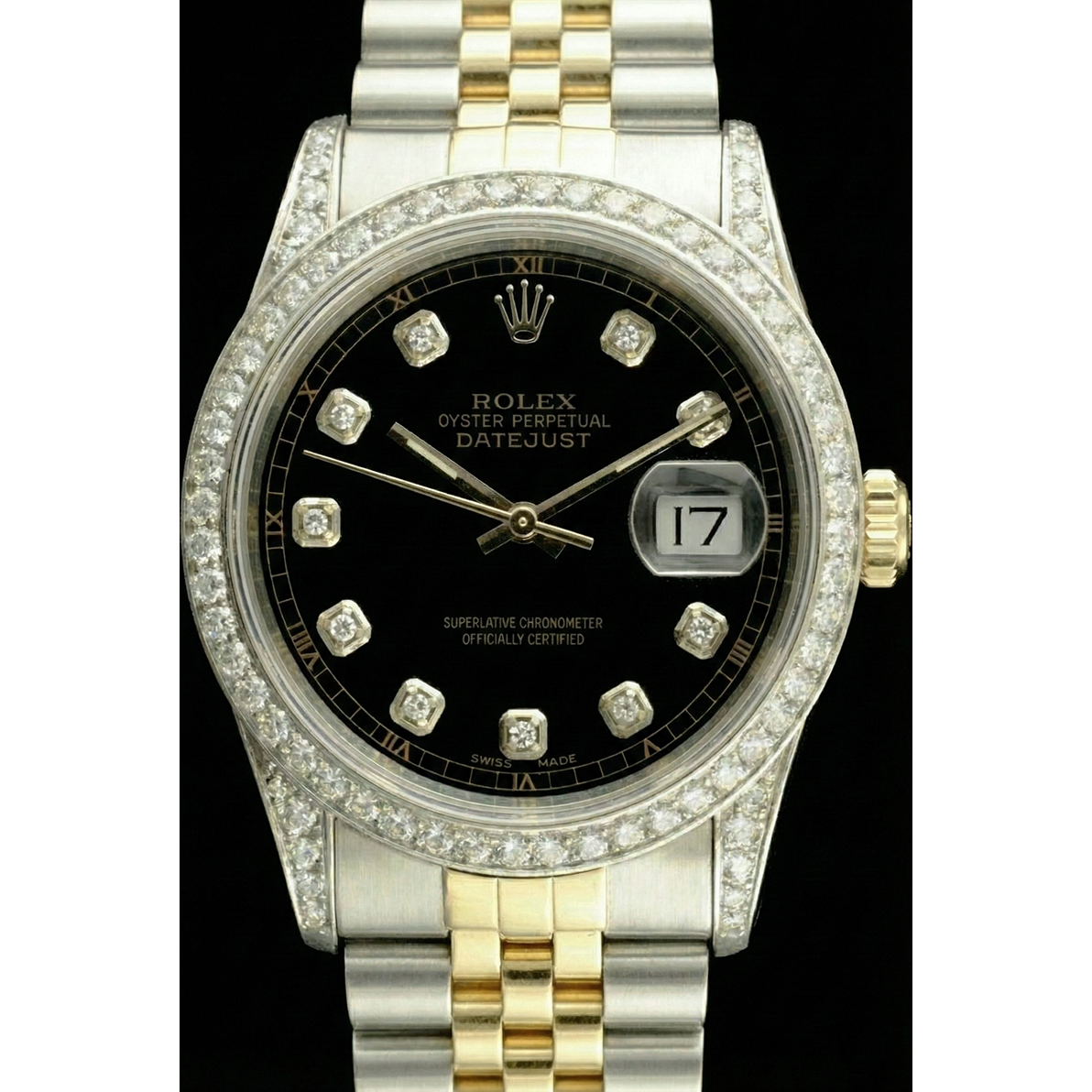 Rolex Datejust SCHNELLES EINSTELLEN Keine Löcher Diamant-Lünette, schwarzes Zifferblatt, Edelstahl-Armband