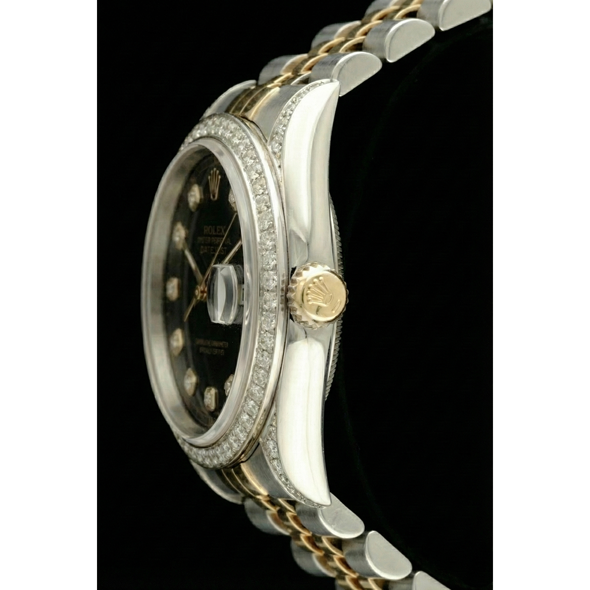 Rolex Datejust SCHNELLES EINSTELLEN Keine Löcher Diamant-Lünette, schwarzes Zifferblatt, Edelstahl-Armband