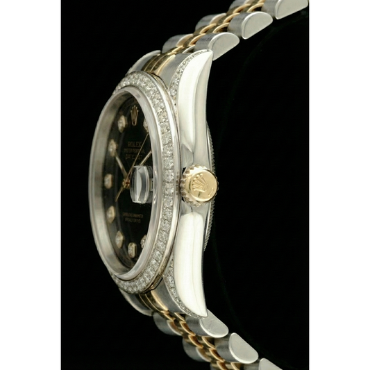 Rolex Datejust SCHNELLES EINSTELLEN Keine Löcher Diamant-Lünette, schwarzes Zifferblatt, Edelstahl-Armband