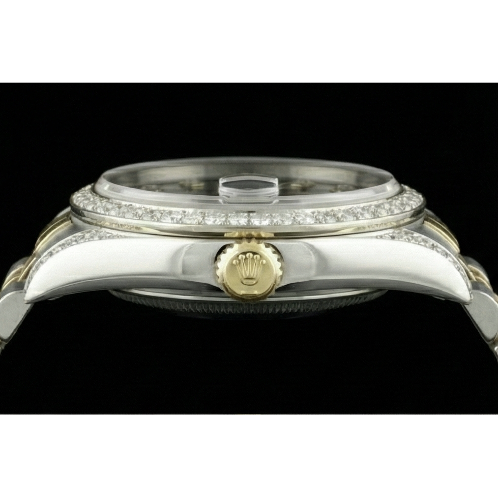 Rolex Datejust SCHNELLES EINSTELLEN Keine Löcher Diamant-Lünette, schwarzes Zifferblatt, Edelstahl-Armband