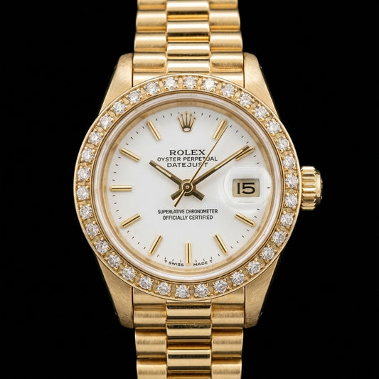 Rolex Datejust Uhr, Gelbgold, Armband, Zifferblatt, Diamantlünette