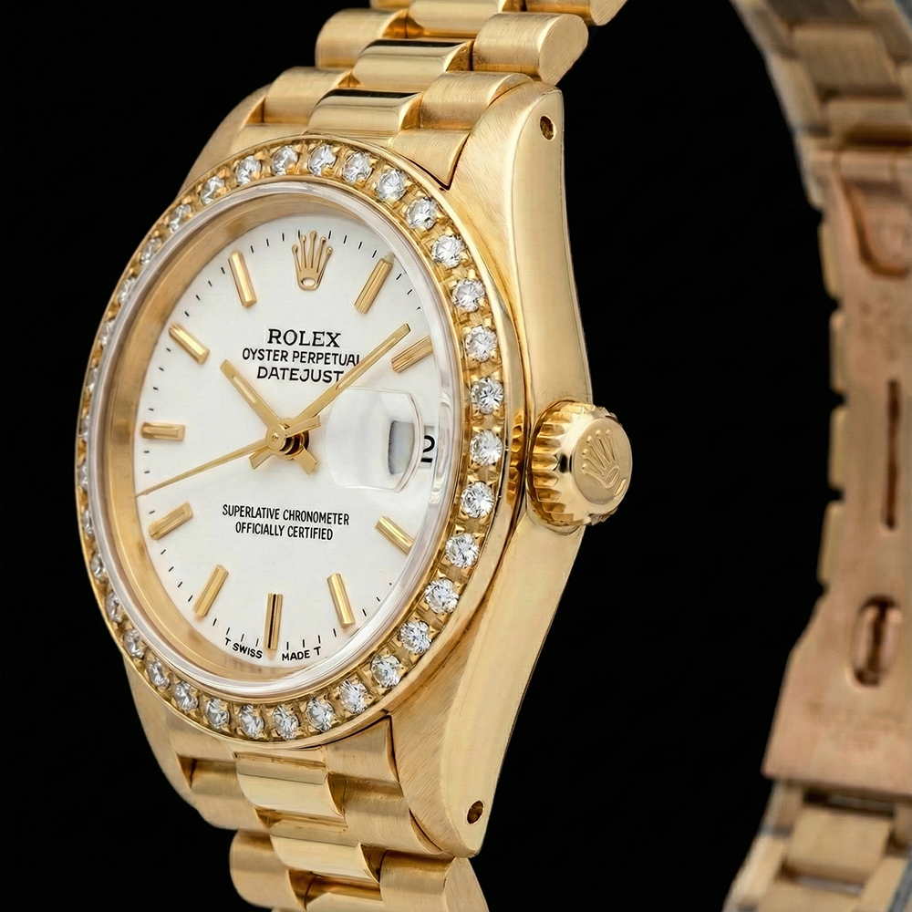 Rolex Datejust Uhr, Gelbgold, Armband, Zifferblatt, Diamantlünette