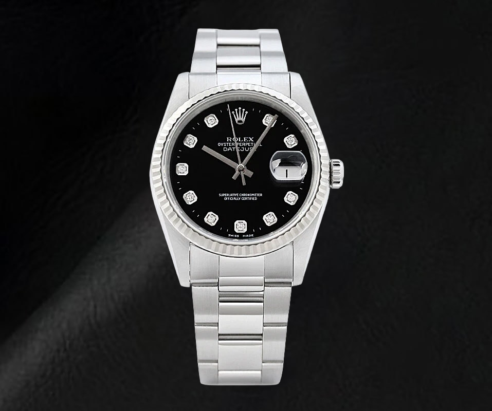 Rolex Datejust Uhr mit schwarzem Zifferblatt und Diamanten, Edelstahl Oyster Armband