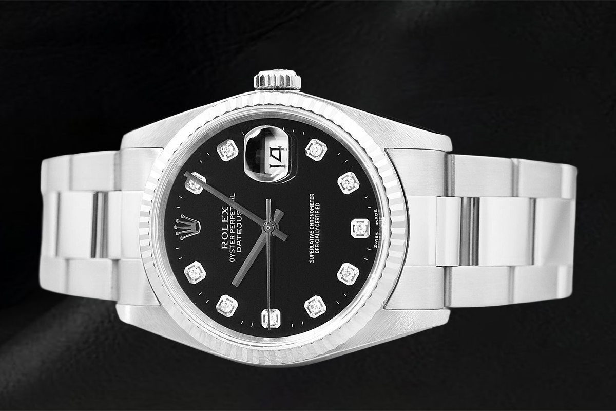 Rolex Datejust Uhr mit schwarzem Zifferblatt und Diamanten, Edelstahl Oyster Armband