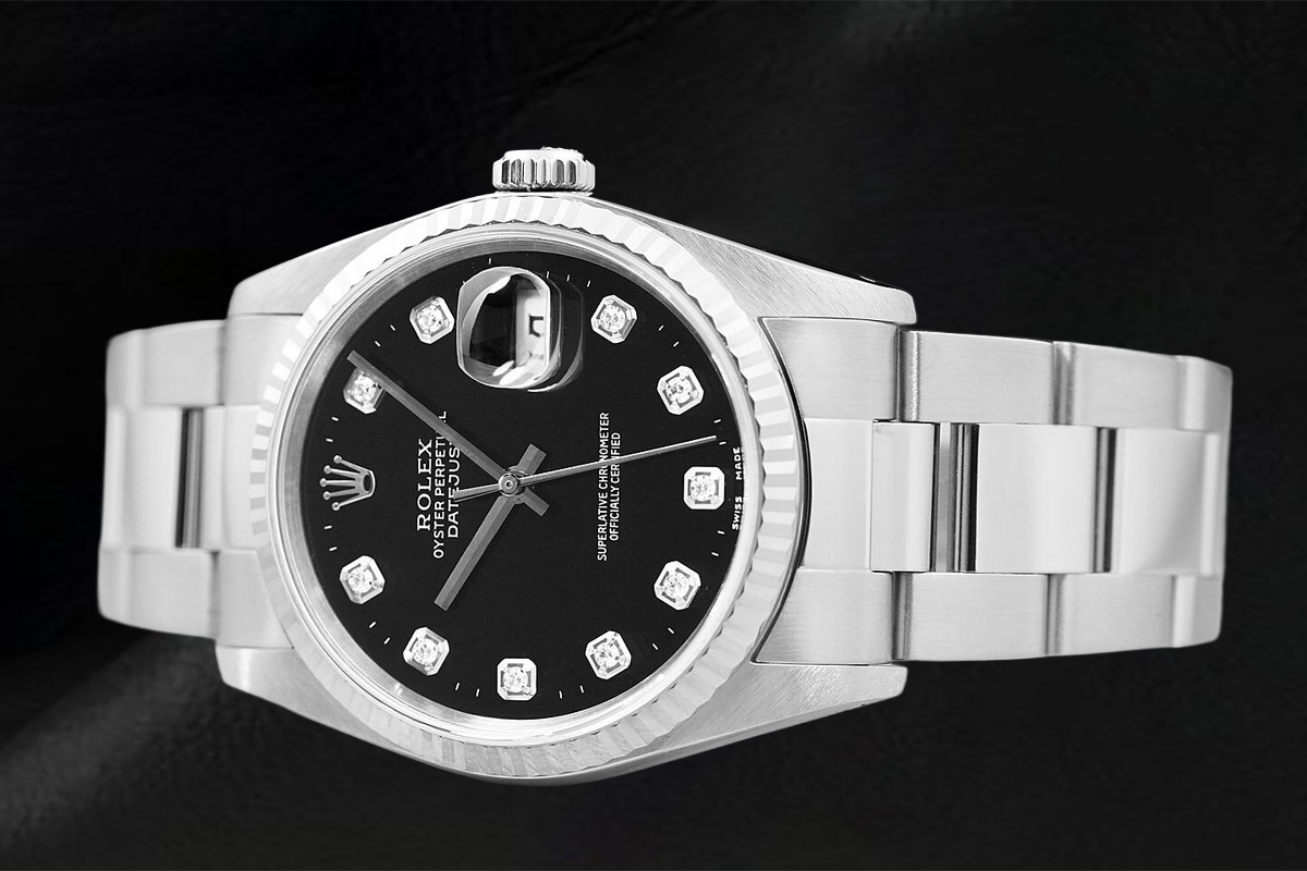 Rolex Datejust Uhr mit schwarzem Zifferblatt und Diamanten, Edelstahl Oyster Armband
