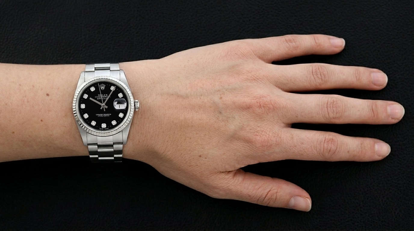 Rolex Datejust Uhr mit schwarzem Zifferblatt und Diamanten, Edelstahl Oyster Armband
