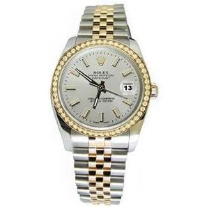 Rolex Datejust Uhr mit weißem Stick-Zifferblatt und Diamantlünette, Gold und Edelstahl
