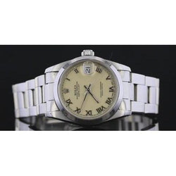 Rolex Datejust Uhr, römisches Zifferblatt, glatte Lünette, Edelstahl, mittelgroße Größe