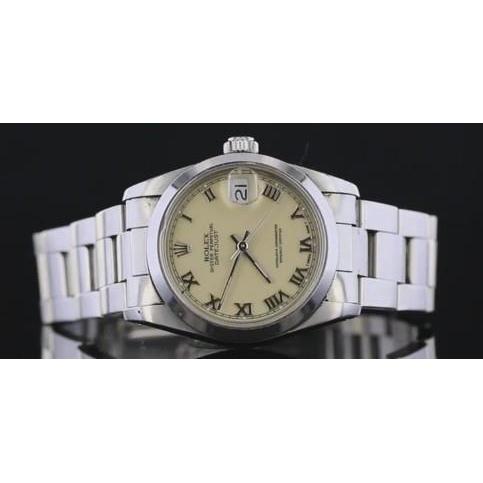 Rolex Datejust Uhr, römisches Zifferblatt, glatte Lünette, Edelstahl, mittelgroße Größe