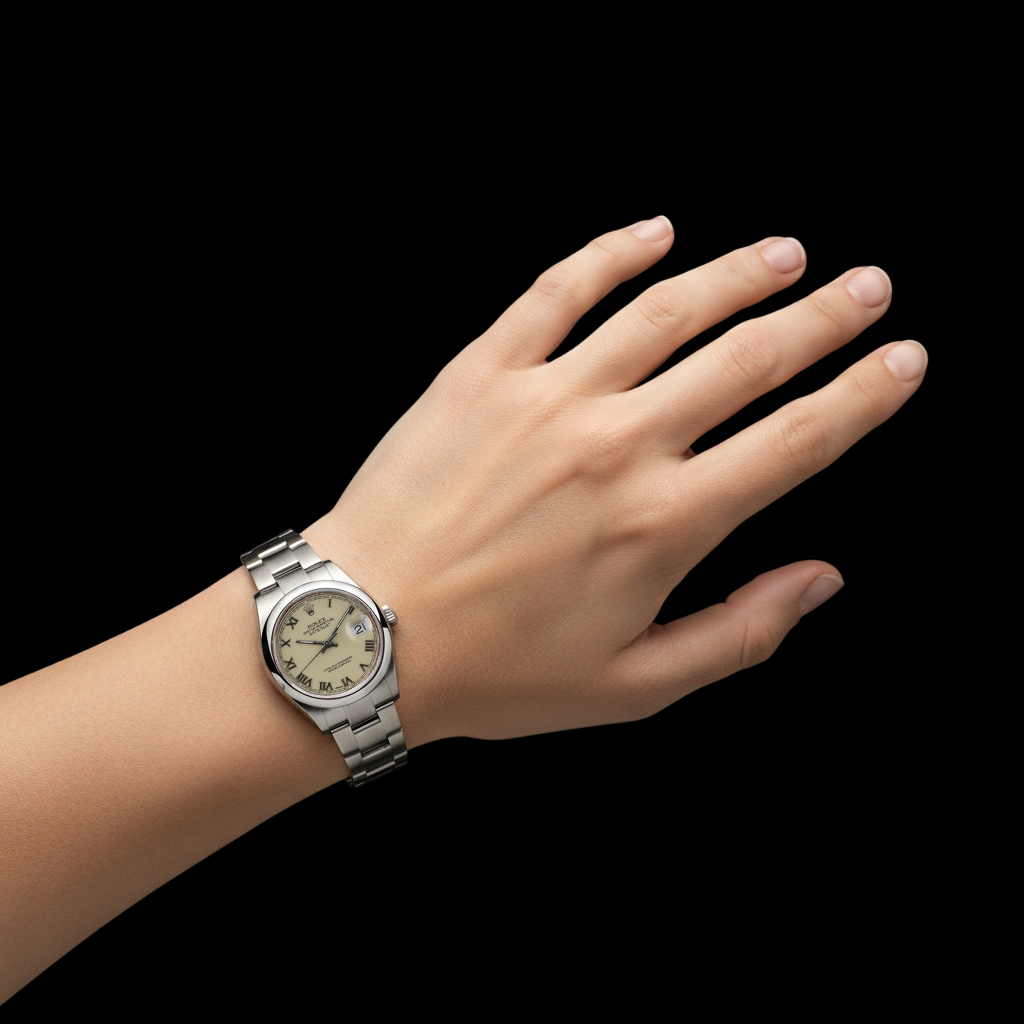 Rolex Datejust Uhr, römisches Zifferblatt, glatte Lünette, Edelstahl, mittelgroße Größe P2