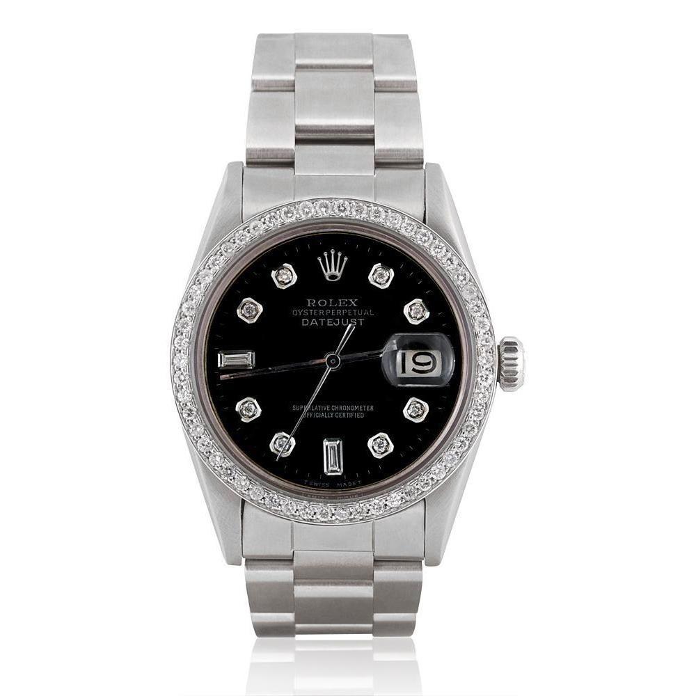 Rolex Datejust Uhr, schwarzes Diamant-Zifferblatt, Edelstahlarmband