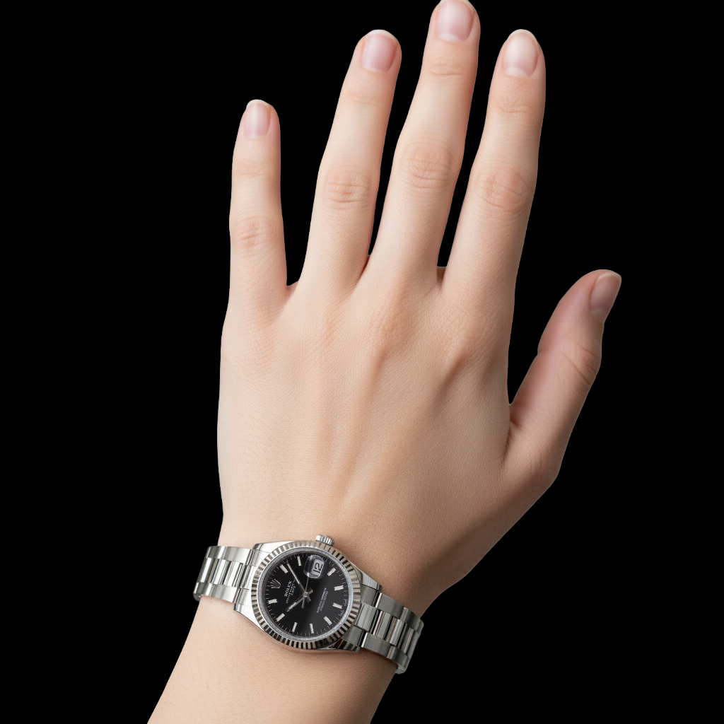 Rolex Datejust Uhr, schwarzes Zifferblatt, Oyster-Armband, mittelgroß P5