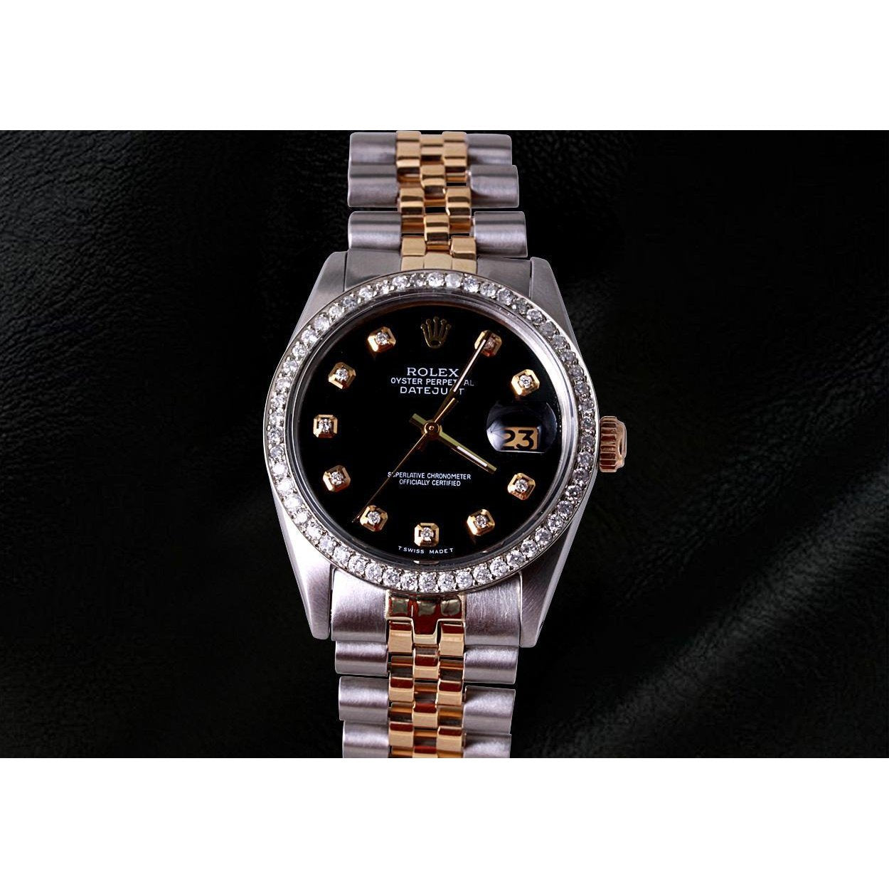 Rolex Datejust Uhr, zweifarbiges Jubilee-Armband, schwarzes Diamant-Zifferblatt, Rolex
