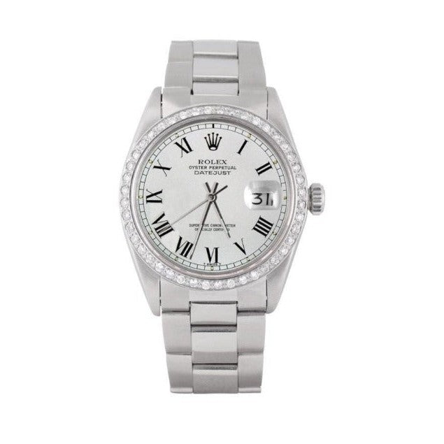 Rolex Datejust Weißes römisches Zifferblatt mit Diamantlünette Herrenuhr Edelstahl Oyster SCHNELLES EINSTELLEN