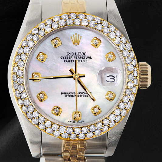 Rolex Datejust für Damen, 26 mm, Perlmutt-Zifferblatt, zweireihige Diamant-Lünette