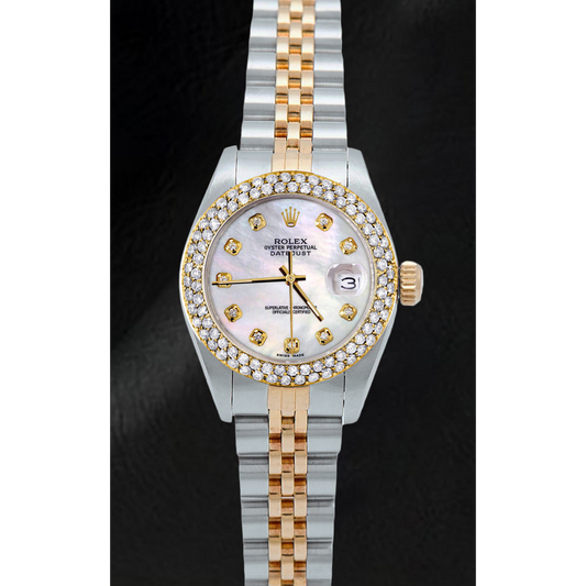 Rolex Datejust für Damen, 26 mm, Perlmutt-Zifferblatt, zweireihige Diamant-Lünette