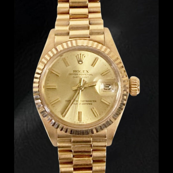 Rolex Datejust im Präsidentenstil, 26 mm, champagnerfarbenes Zifferblatt, Gelbgold, Damenuhr