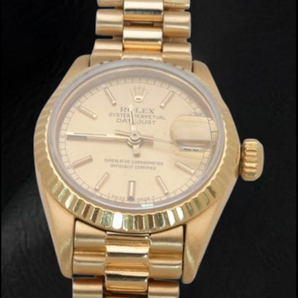 Rolex Datejust im Präsidentenstil, 26 mm, champagnerfarbenes Zifferblatt, Gelbgold, Damenuhr