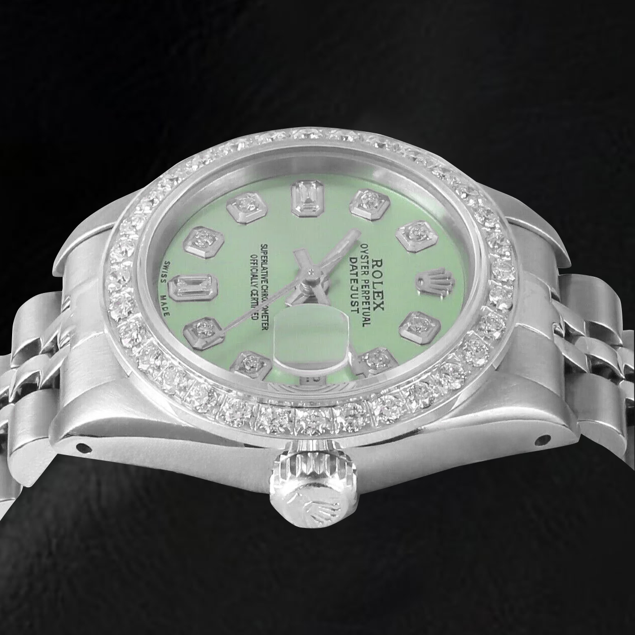 Rolex Datejust olivgrüne Baguette-Diamantuhr aus Edelstahl, 26 mm