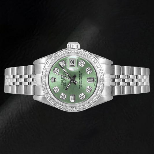 Rolex Datejust olivgrüne Baguette-Diamantuhr aus Edelstahl, 26 mm