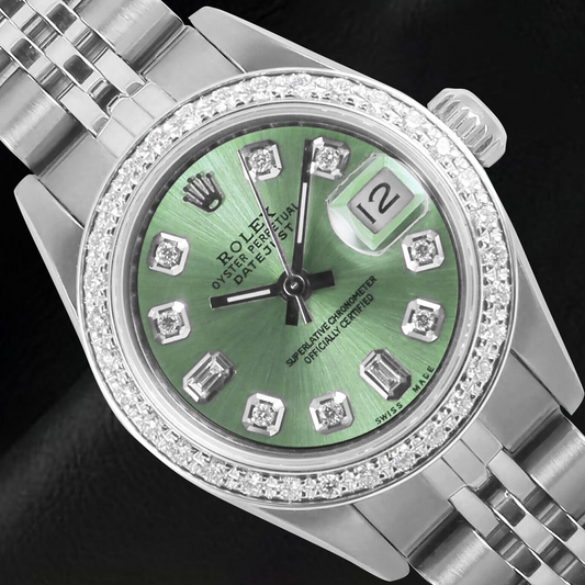 Rolex Datejust olivgrüne Baguette-Diamantuhr aus Edelstahl, 26 mm