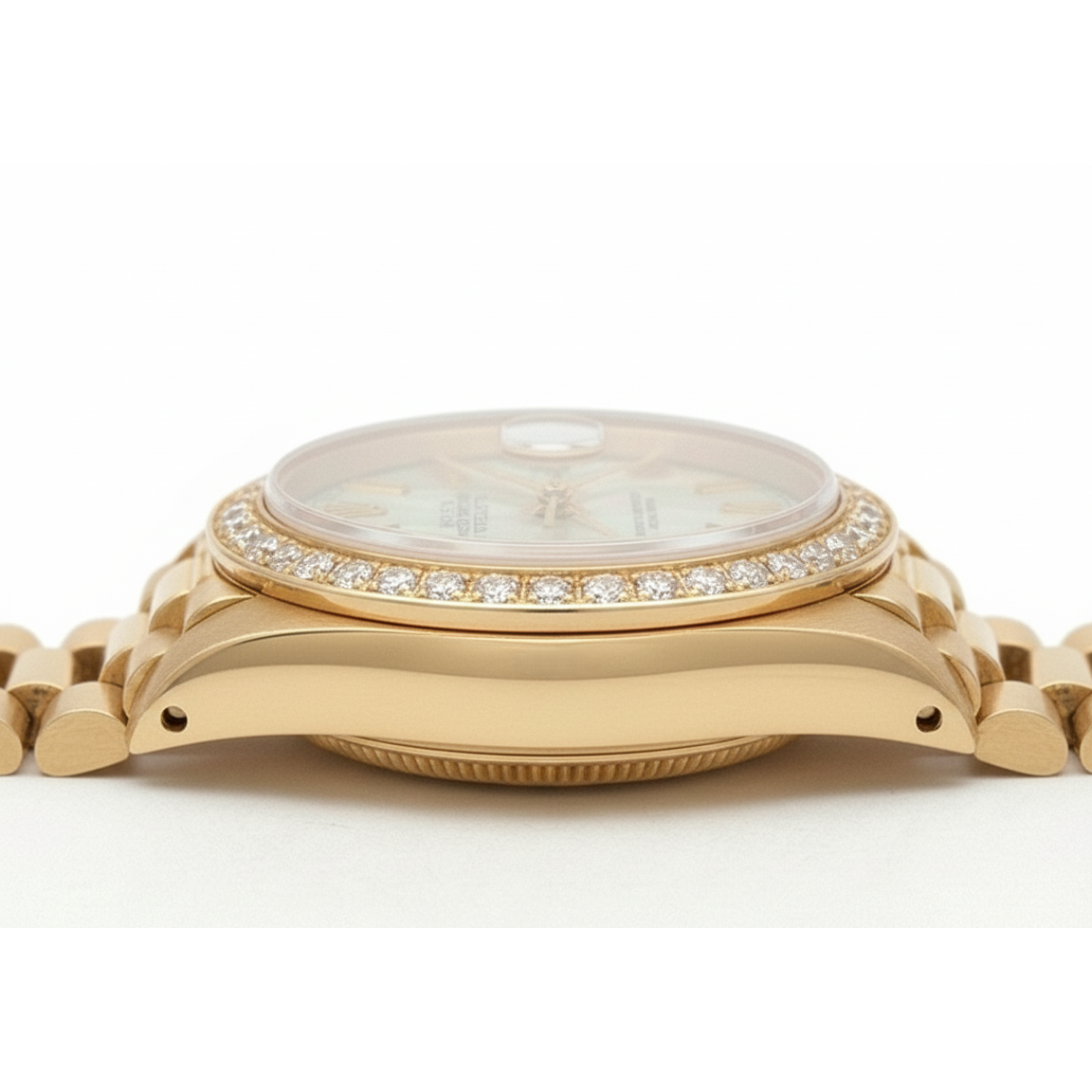 Rolex Datejust, weißes römisches Zifferblatt, Diamantlünette, Präsidentenstil, Gold