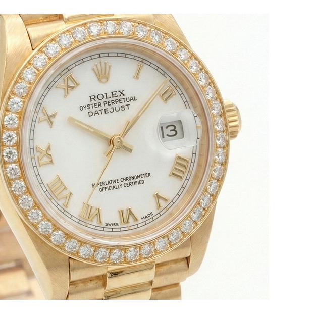 Rolex Datejust, weißes römisches Zifferblatt, Diamantlünette, Präsidentenstil, Gold