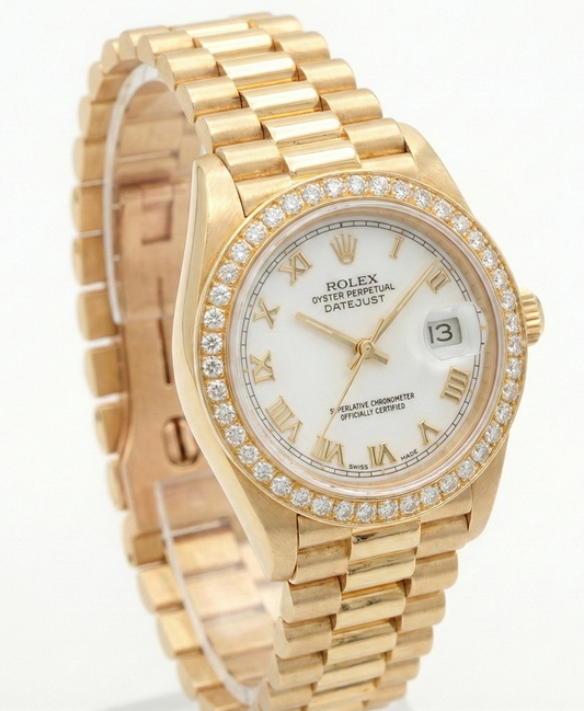 Rolex Datejust, weißes römisches Zifferblatt, Diamantlünette, Präsidentenstil, Gold