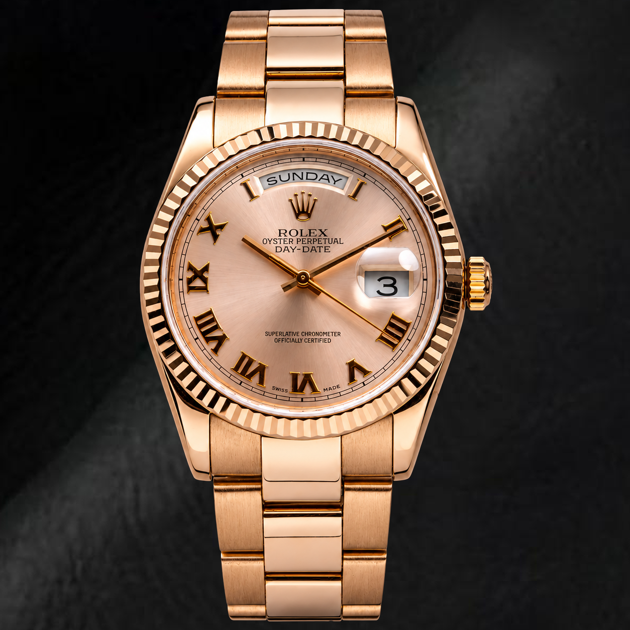 Rolex Day-Date 118235 36 mm römisches Sundust-Zifferblatt 18 Karat Roségold Oyster-Armband