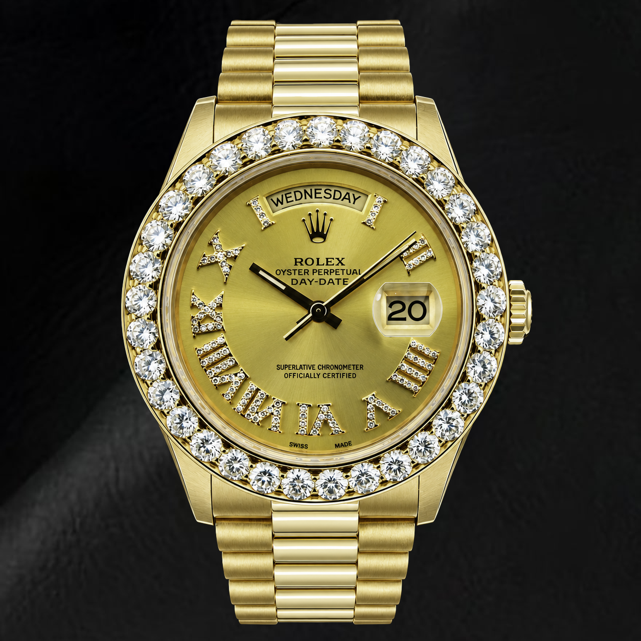 Rolex Day-Date 18038 36 mm Gelbgold Uhr mit champagnerfarbenem Diamantzifferblatt und römischen Ziffern