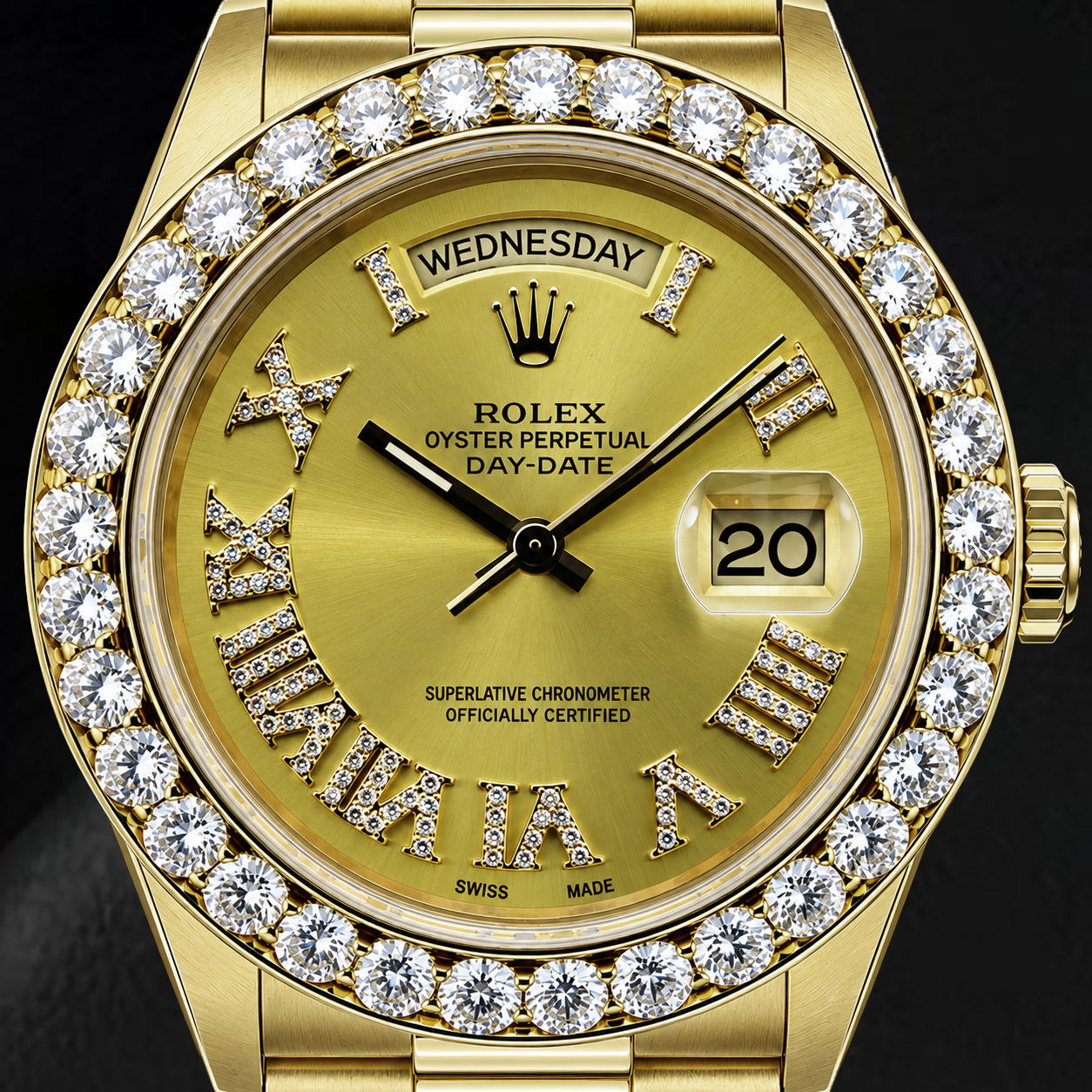 Rolex Day-Date 18038 36 mm Gelbgold Uhr mit champagnerfarbenem Diamantzifferblatt und römischen Ziffern
