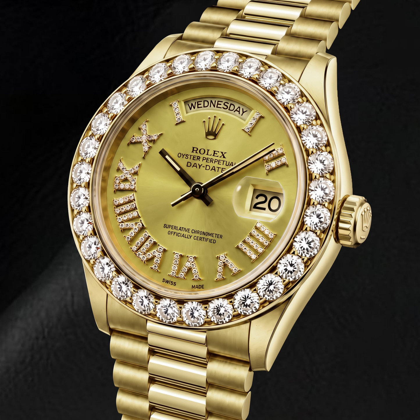 Rolex Day-Date 18038 36 mm Gelbgold Uhr mit champagnerfarbenem Diamantzifferblatt und römischen Ziffern